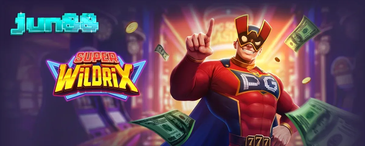 หน้าจอเกมสล็อต Super Wildrix ที่มีธีมฮีโร่และสัญลักษณ์ผลไม้แบบนีออน